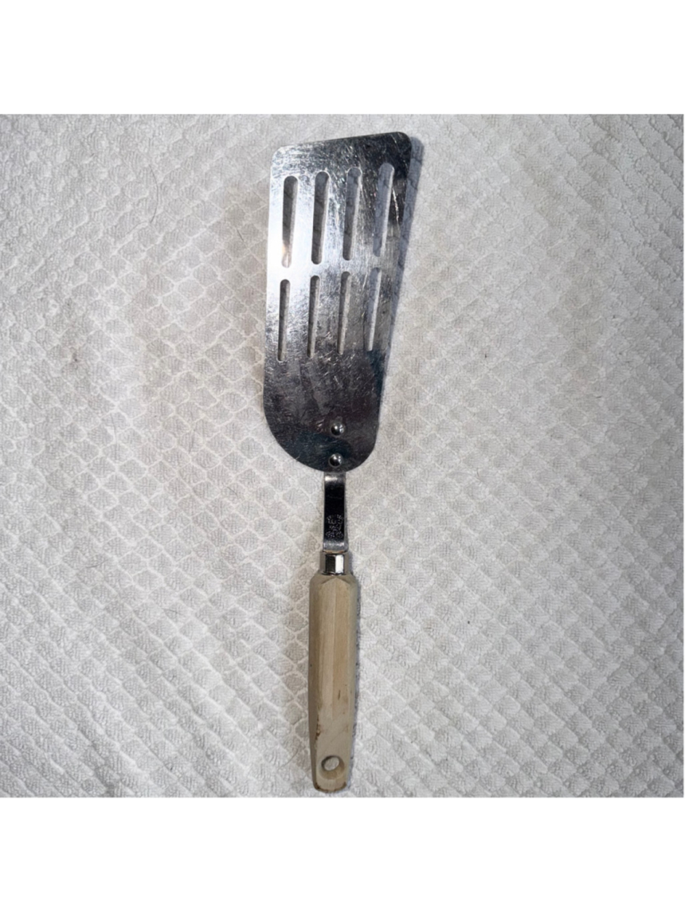 Vintage Ekco Forge Stainless Steel Angled Slotted Spatula With Wood Handle